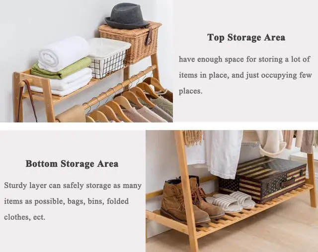 Alt view image 3 of 6 - COPREE Bamboo Garment Coat Clothes Hanging Heavy Duty Rack with top Shelf and Shoe Clothing Storage Organizer Shelves