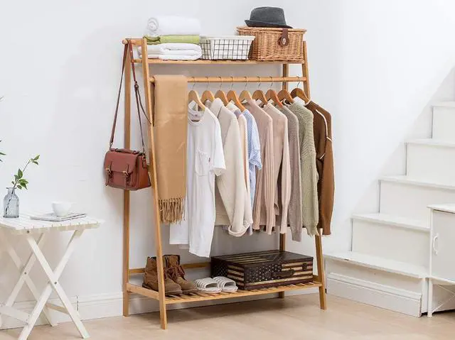 Alt view image 6 of 6 - COPREE Bamboo Garment Coat Clothes Hanging Heavy Duty Rack with top Shelf and Shoe Clothing Storage Organizer Shelves