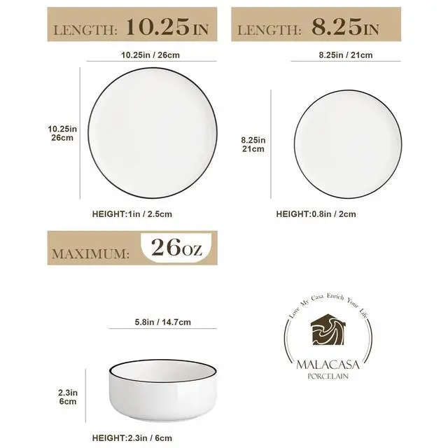Alt view image 2 of 7 - MALACASA Plates and Bowls Sets, 12 Pieces Modern Porcelain Dinnerware Set for 4 White Kitchen Dinner Dining Ware Set wtih Black Rim Ceramic Dishware Dishes Microwave and Dishwasher Safe, Series LUNA