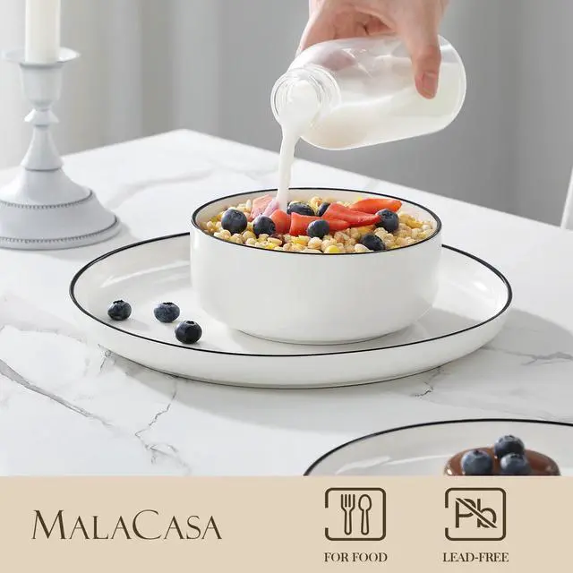 Alt view image 3 of 7 - MALACASA Plates and Bowls Sets, 12 Pieces Modern Porcelain Dinnerware Set for 4 White Kitchen Dinner Dining Ware Set wtih Black Rim Ceramic Dishware Dishes Microwave and Dishwasher Safe, Series LUNA
