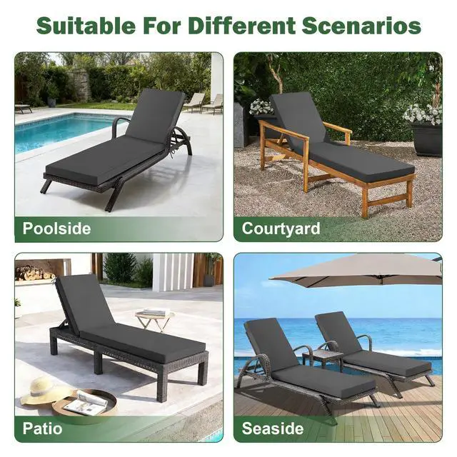 Alt view image 2 of 7 - Aegisun Chaise Lounge Cushions Outdoor, 72x 21x 3 Inch Waterproof & Fade-Resistant Lounge Chair Cushion, Outdoor Chaise Cushion with Removable Cover & Ties for Lawn, Patio, Pool & Beach, Dark Grey