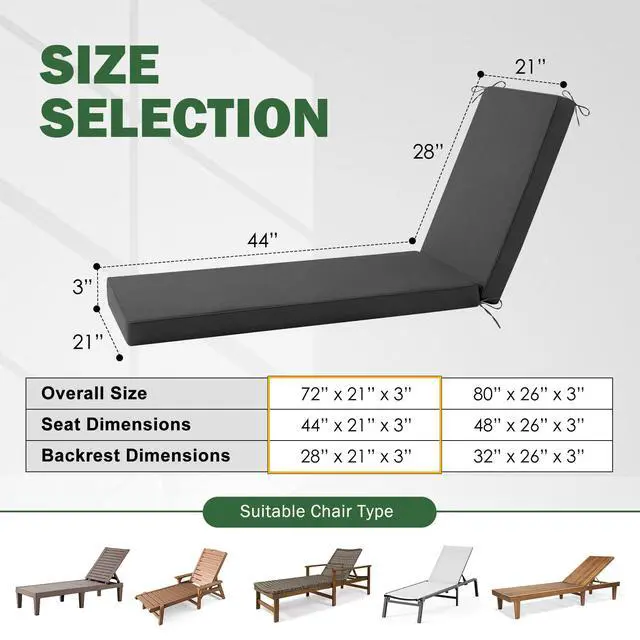 Alt view image 3 of 7 - Aegisun Chaise Lounge Cushions Outdoor, 72x 21x 3 Inch Waterproof & Fade-Resistant Lounge Chair Cushion, Outdoor Chaise Cushion with Removable Cover & Ties for Lawn, Patio, Pool & Beach, Dark Grey