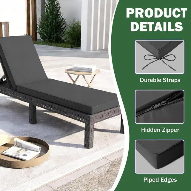 Alt view image 6 of 7 - Aegisun Chaise Lounge Cushions Outdoor, 72x 21x 3 Inch Waterproof & Fade-Resistant Lounge Chair Cushion, Outdoor Chaise Cushion with Removable Cover & Ties for Lawn, Patio, Pool & Beach, Dark Grey