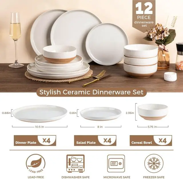Alt view image 3 of 7 - AmorArc Ceramic Dinnerware Sets, Handpainted Plates and Bowls Set with Rustic Terracotta Underside, Scratch Resistant Stoneware Dishes Set, Dishwasher & Microwave Safe
