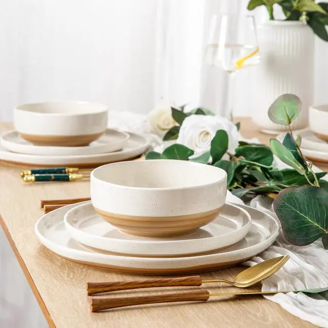 Alt view image 4 of 7 - AmorArc Ceramic Dinnerware Sets, Handpainted Plates and Bowls Set with Rustic Terracotta Underside, Scratch Resistant Stoneware Dishes Set, Dishwasher & Microwave Safe