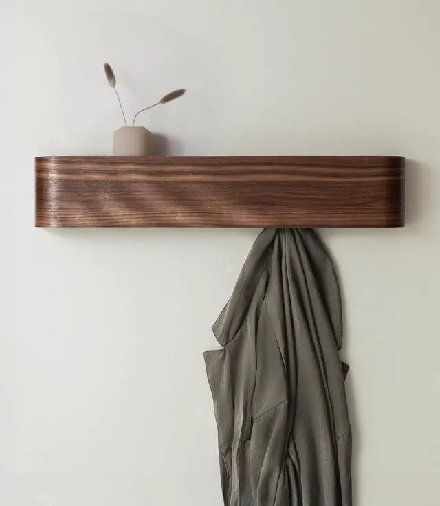 Main image of Kazai. Wall-Mounted Coat Rack 'Toke' - Modern Design Coat Rack with Hidden Wall Hooks - Solid Wood Veneer Panel Coat Hanger - Walnut