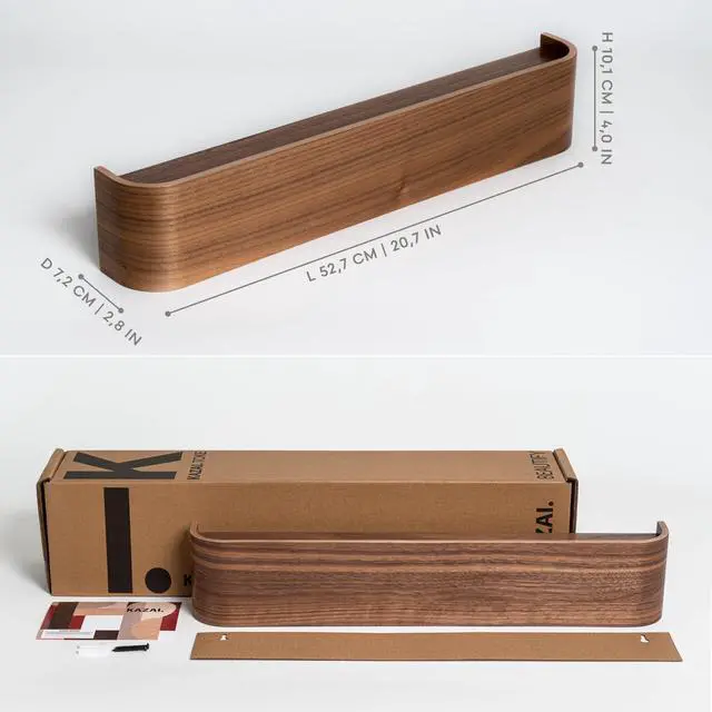 Alt view image 2 of 7 - Kazai. Wall-Mounted Coat Rack 'Toke' - Modern Design Coat Rack with Hidden Wall Hooks - Solid Wood Veneer Panel Coat Hanger - Walnut