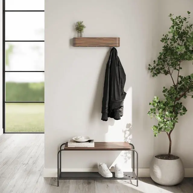 Alt view image 6 of 7 - Kazai. Wall-Mounted Coat Rack 'Toke' - Modern Design Coat Rack with Hidden Wall Hooks - Solid Wood Veneer Panel Coat Hanger - Walnut