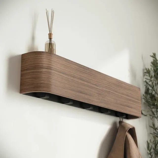 Alt view image 7 of 7 - Kazai. Wall-Mounted Coat Rack 'Toke' - Modern Design Coat Rack with Hidden Wall Hooks - Solid Wood Veneer Panel Coat Hanger - Walnut