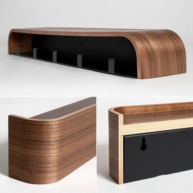 Alt view image 4 of 7 - Kazai. Wall-Mounted Coat Rack 'Toke' - Modern Design Coat Rack with Hidden Wall Hooks - Solid Wood Veneer Panel Coat Hanger - Walnut