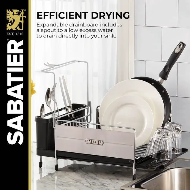 Alt view image 5 of 5 - Sabatier Expandable Stainless Steel Dish Rack with Rust-Resistant Soft Coated Wires and Bi-Directional Spout, with Utensil Caddy and Removable Stemware Holder