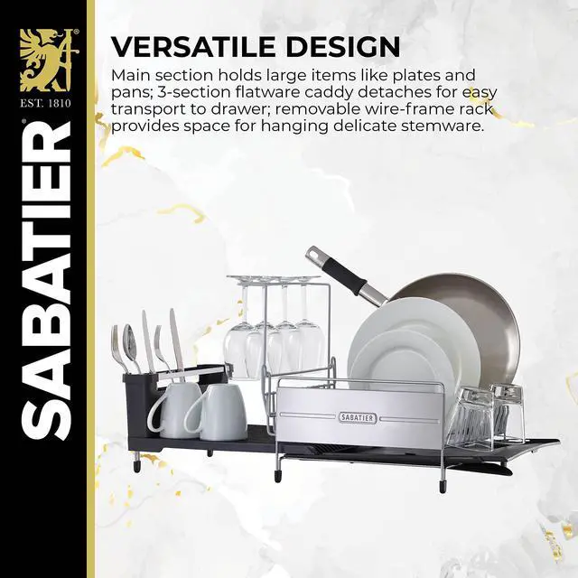 Alt view image 4 of 5 - Sabatier Expandable Stainless Steel Dish Rack with Rust-Resistant Soft Coated Wires and Bi-Directional Spout, with Utensil Caddy and Removable Stemware Holder