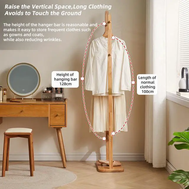 Alt view image 3 of 7 - Aibiju Coat Rack Freestanding, Coat Tree with 2 Main Rods and Stable Design, Clothes Racks for Hanging Coats Clothes Suits Jacket, Easy to Assemble and Very Sturdy, Natural Wood Color USYD-202