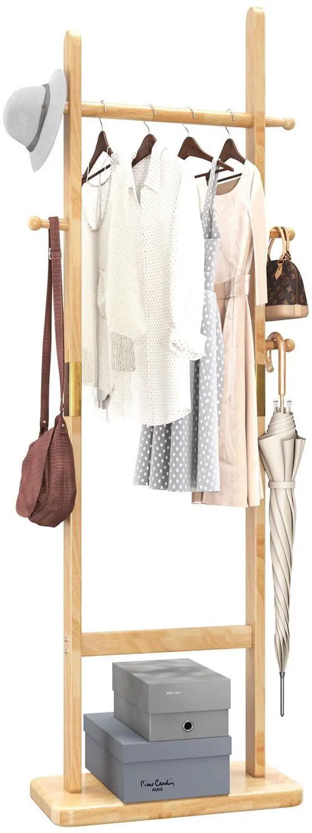 Main image of Aibiju Coat Rack Freestanding, Coat Tree with 2 Main Rods and Stable Design, Clothes Racks for Hanging Coats Clothes Suits Jacket, Easy to Assemble and Very Sturdy, Natural Wood Color USYD-202