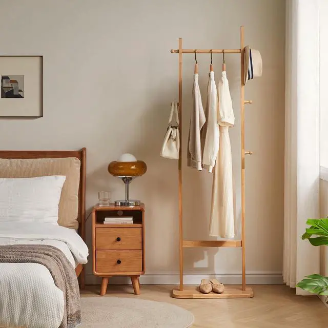 Alt view image 2 of 7 - Aibiju Coat Rack Freestanding, Coat Tree with 2 Main Rods and Stable Design, Clothes Racks for Hanging Coats Clothes Suits Jacket, Easy to Assemble and Very Sturdy, Natural Wood Color USYD-202