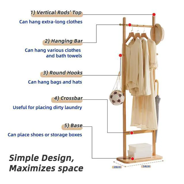 Alt view image 4 of 7 - Aibiju Coat Rack Freestanding, Coat Tree with 2 Main Rods and Stable Design, Clothes Racks for Hanging Coats Clothes Suits Jacket, Easy to Assemble and Very Sturdy, Natural Wood Color USYD-202