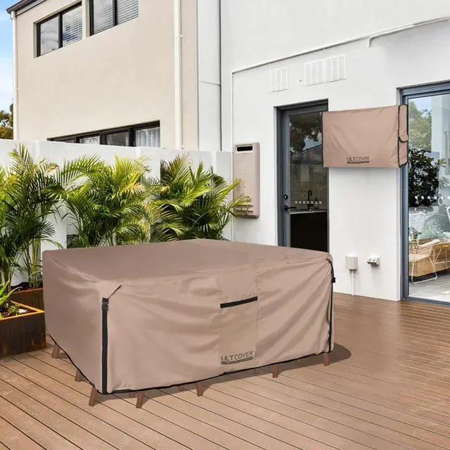 Alt view image 6 of 7 - ULTCOVER Rectangular Patio Heavy Duty Table Cover - 600D Tough Canvas Waterproof Outdoor Dining Table and Chairs General Purpose Furniture Cover Size 111L x 74W x 28H inch