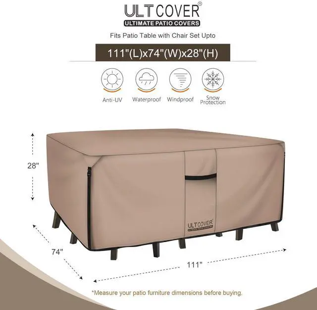 Alt view image 2 of 7 - ULTCOVER Rectangular Patio Heavy Duty Table Cover - 600D Tough Canvas Waterproof Outdoor Dining Table and Chairs General Purpose Furniture Cover Size 111L x 74W x 28H inch