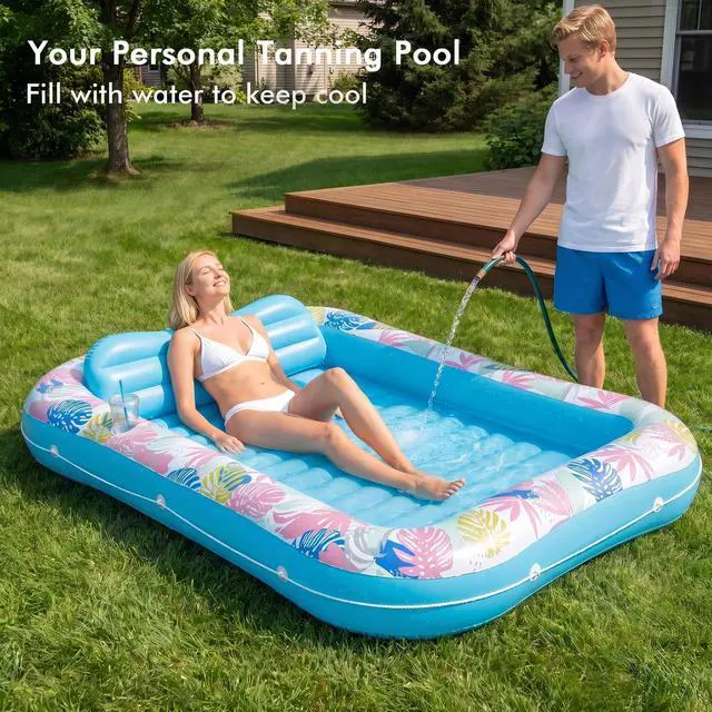 Alt view image 3 of 7 - Tanning Pool Lounger Float, OKSUWATER 87" x 63" Pool Floats Adult with Headrest & Drink Holder, Blow-Up Bed Sun Tan Tub for Sunbathing, Beach, Backyard, Outdoor, Summer Water Party (Blue-XL)