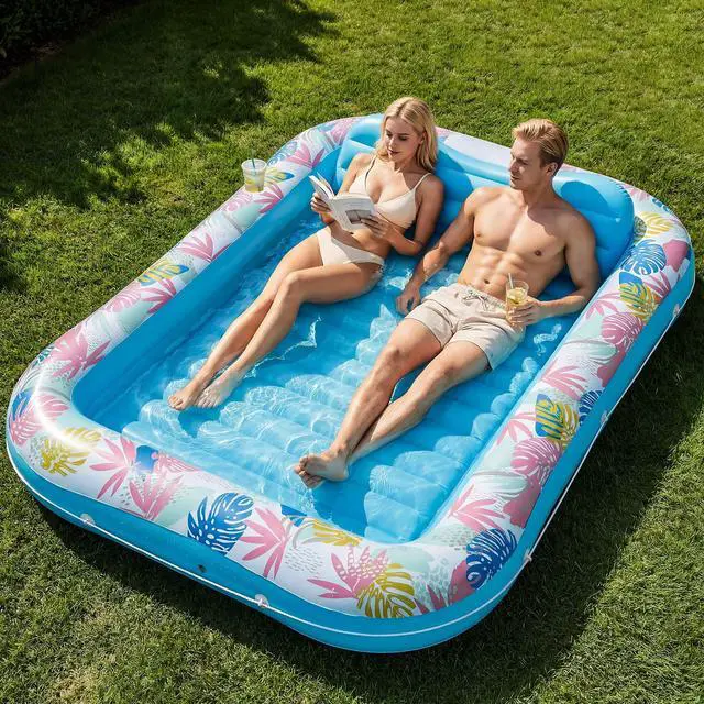 Main image of Tanning Pool Lounger Float, OKSUWATER 87" x 63" Pool Floats Adult with Headrest & Drink Holder, Blow-Up Bed Sun Tan Tub for Sunbathing, Beach, Backyard, Outdoor, Summer Water Party (Blue-XL)