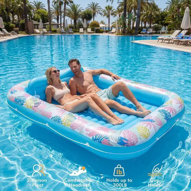 Alt view image 4 of 7 - Tanning Pool Lounger Float, OKSUWATER 87" x 63" Pool Floats Adult with Headrest & Drink Holder, Blow-Up Bed Sun Tan Tub for Sunbathing, Beach, Backyard, Outdoor, Summer Water Party (Blue-XL)