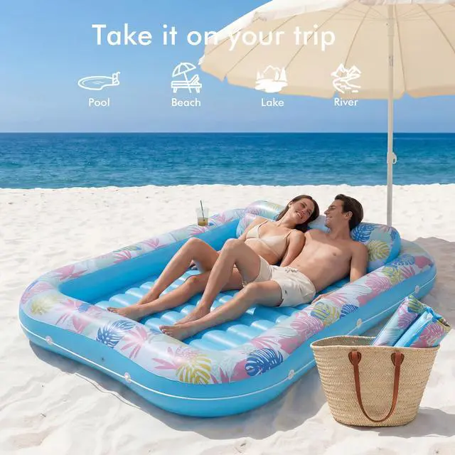 Alt view image 5 of 7 - Tanning Pool Lounger Float, OKSUWATER 87" x 63" Pool Floats Adult with Headrest & Drink Holder, Blow-Up Bed Sun Tan Tub for Sunbathing, Beach, Backyard, Outdoor, Summer Water Party (Blue-XL)
