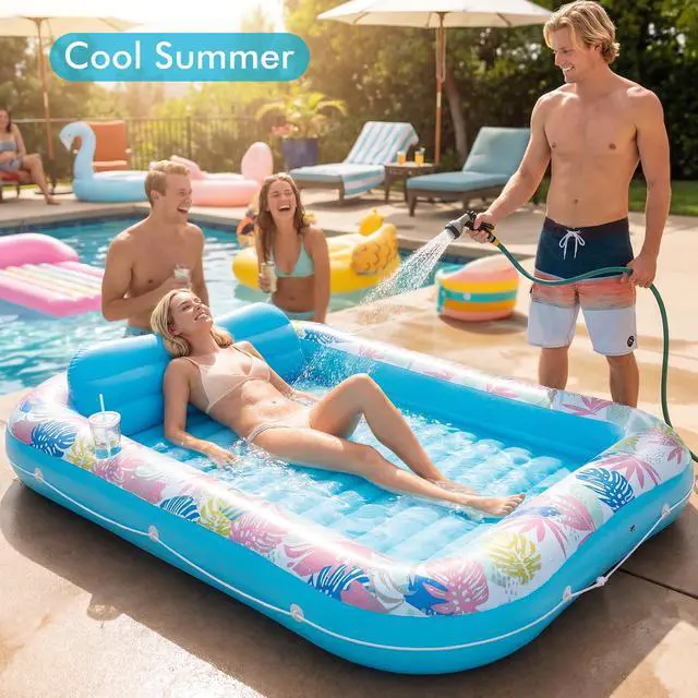 Alt view image 6 of 7 - Tanning Pool Lounger Float, OKSUWATER 87" x 63" Pool Floats Adult with Headrest & Drink Holder, Blow-Up Bed Sun Tan Tub for Sunbathing, Beach, Backyard, Outdoor, Summer Water Party (Blue-XL)