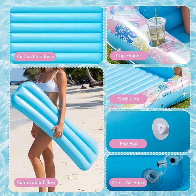 Alt view image 7 of 7 - Tanning Pool Lounger Float, OKSUWATER 87" x 63" Pool Floats Adult with Headrest & Drink Holder, Blow-Up Bed Sun Tan Tub for Sunbathing, Beach, Backyard, Outdoor, Summer Water Party (Blue-XL)