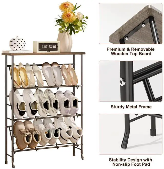 Alt view image 6 of 7 - JZM Shoe Rack Storage, Narrow 4 Tier Metal Shoe Storage Shelf, Free Standing Shoe Racks, Space Saving Shoe Rack Organizer for Entryway, Hallway, Bedroom, Living Room(12-16 Pair)