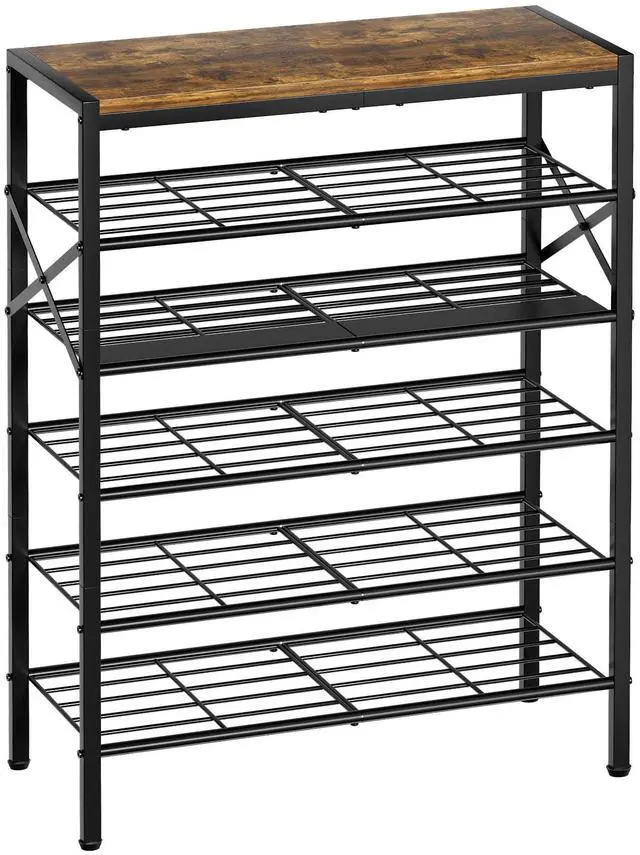 Main image of UNITSTAGE 6-Tier Metal Shoe Rack Organizer Shoe Storage for Entryway 18-24 Pairs Narrow Shoe Rack for Closet Heavy-Duty Shoe Rack with Wooden Top Shelf for Garage Rustic Brown