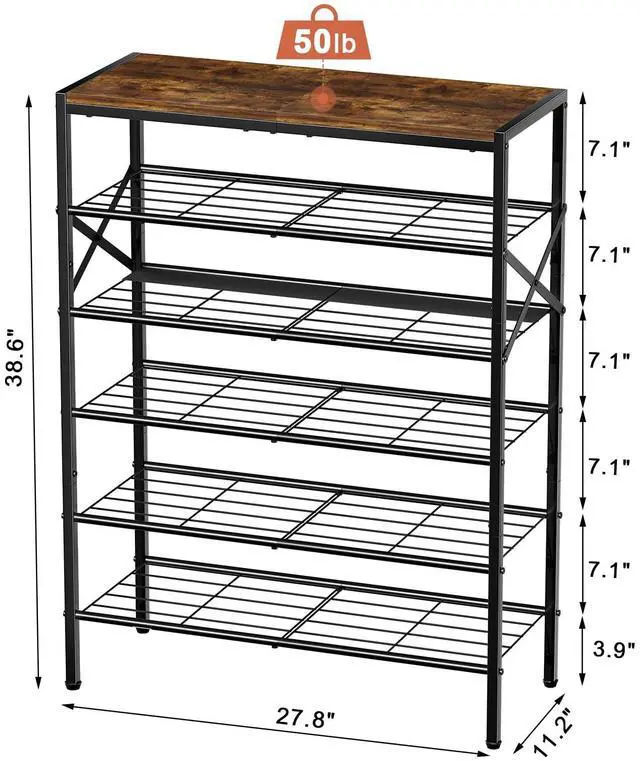 Alt view image 3 of 7 - UNITSTAGE 6-Tier Metal Shoe Rack Organizer Shoe Storage for Entryway 18-24 Pairs Narrow Shoe Rack for Closet Heavy-Duty Shoe Rack with Wooden Top Shelf for Garage Rustic Brown