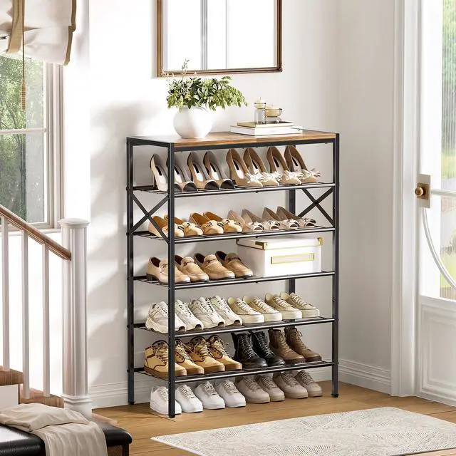 Alt view image 4 of 7 - UNITSTAGE 6-Tier Metal Shoe Rack Organizer Shoe Storage for Entryway 18-24 Pairs Narrow Shoe Rack for Closet Heavy-Duty Shoe Rack with Wooden Top Shelf for Garage Rustic Brown