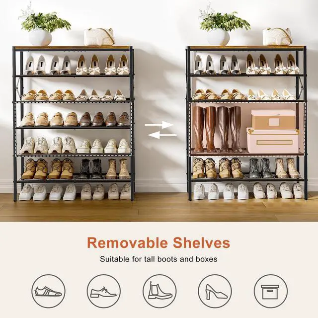 Alt view image 5 of 7 - UNITSTAGE 6-Tier Metal Shoe Rack Organizer Shoe Storage for Entryway 18-24 Pairs Narrow Shoe Rack for Closet Heavy-Duty Shoe Rack with Wooden Top Shelf for Garage Rustic Brown