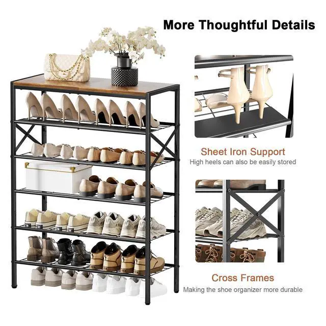 Alt view image 6 of 7 - UNITSTAGE 6-Tier Metal Shoe Rack Organizer Shoe Storage for Entryway 18-24 Pairs Narrow Shoe Rack for Closet Heavy-Duty Shoe Rack with Wooden Top Shelf for Garage Rustic Brown