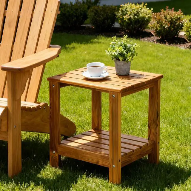 Alt view image 2 of 7 - Utoplike Teak Side Table Outdoor, Patio End Table Double Layer, Wooden Coffee Accent Tables for Backyard, Garden, Bed, Living Room, Couch, Two-Tier