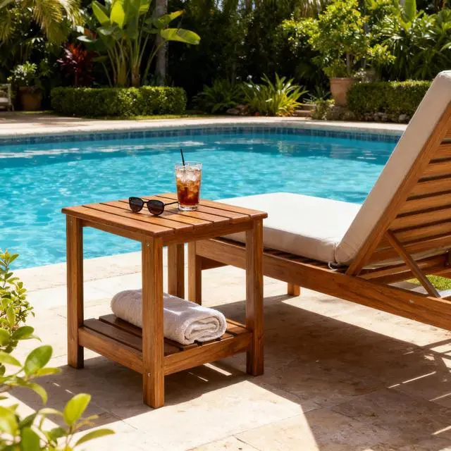 Alt view image 3 of 7 - Utoplike Teak Side Table Outdoor, Patio End Table Double Layer, Wooden Coffee Accent Tables for Backyard, Garden, Bed, Living Room, Couch, Two-Tier
