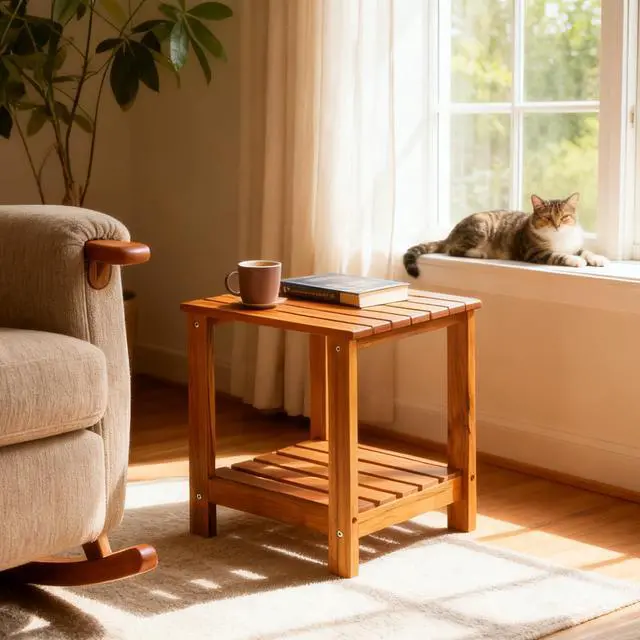 Alt view image 5 of 7 - Utoplike Teak Side Table Outdoor, Patio End Table Double Layer, Wooden Coffee Accent Tables for Backyard, Garden, Bed, Living Room, Couch, Two-Tier