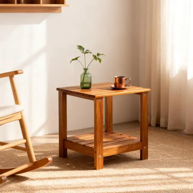 Alt view image 7 of 7 - Utoplike Teak Side Table Outdoor, Patio End Table Double Layer, Wooden Coffee Accent Tables for Backyard, Garden, Bed, Living Room, Couch, Two-Tier