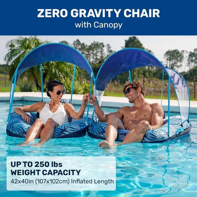 Alt view image 2 of 6 - New Aqua Zero Gravity Pool Chair Float with Sunshade Canopy and Cup Holder Blue Fern