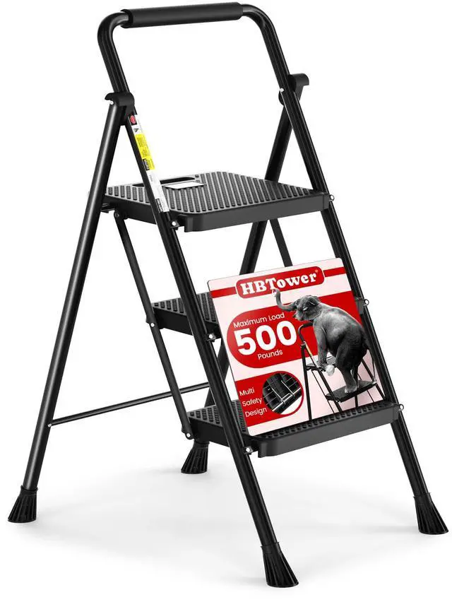 Main image of HBTower Step Ladder, Folding Step Stool with Wide Anti-Slip Pedal, Sturdy Steel Ladder, Convenient Handrail, Lightweight, Portable Steel Step Stool