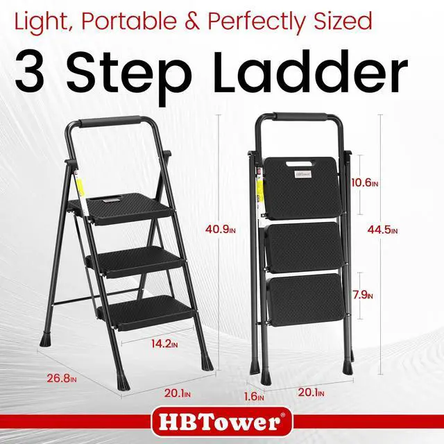 Alt view image 6 of 7 - HBTower Step Ladder, Folding Step Stool with Wide Anti-Slip Pedal, Sturdy Steel Ladder, Convenient Handrail, Lightweight, Portable Steel Step Stool