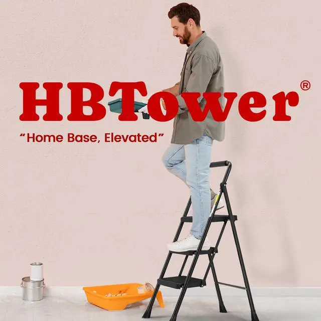 Alt view image 7 of 7 - HBTower Step Ladder, Folding Step Stool with Wide Anti-Slip Pedal, Sturdy Steel Ladder, Convenient Handrail, Lightweight, Portable Steel Step Stool