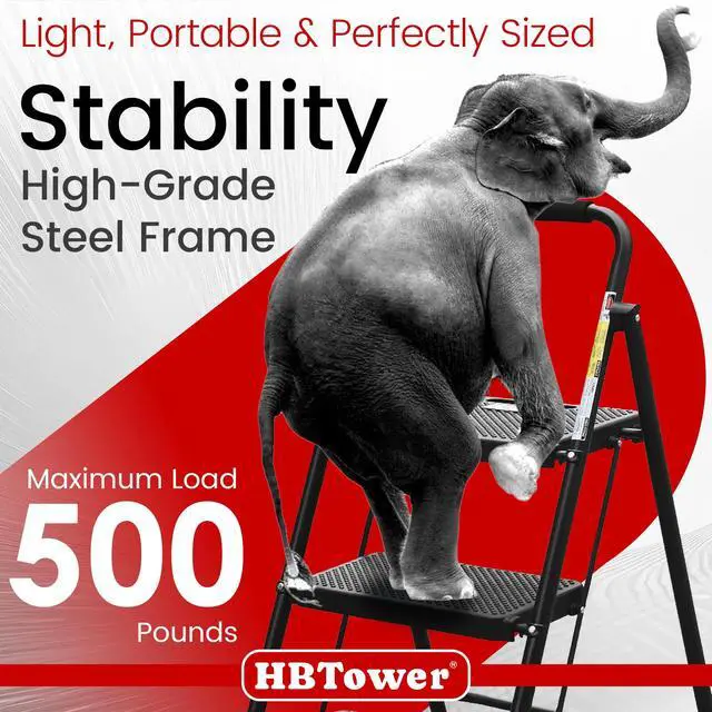 Alt view image 3 of 7 - HBTower Step Ladder, Folding Step Stool with Wide Anti-Slip Pedal, Sturdy Steel Ladder, Convenient Handrail, Lightweight, Portable Steel Step Stool