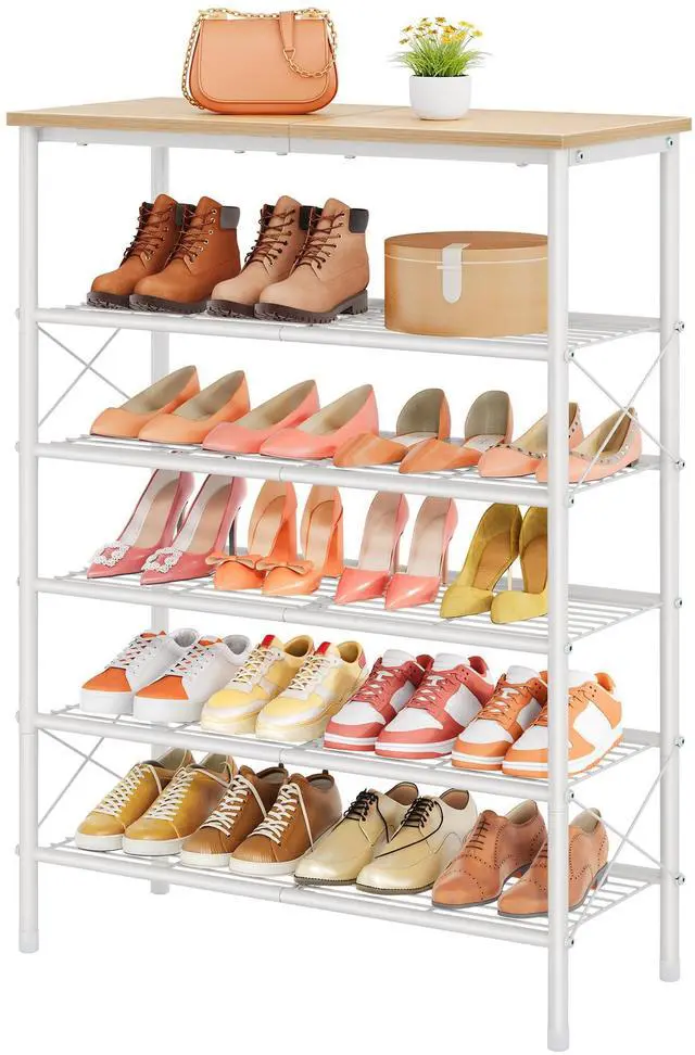 Main image of Tajsoon 6 Tier Shoe Rack Organizer for 20-24 Pairs of Shoes, Metal Mesh Shoe Shelf for Closet, Industrial Shoe Rack for Entryway Shoe Storage with X Shape Fixed Frame, White & Log