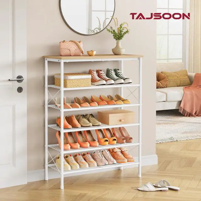 Alt view image 2 of 7 - Tajsoon 6 Tier Shoe Rack Organizer for 20-24 Pairs of Shoes, Metal Mesh Shoe Shelf for Closet, Industrial Shoe Rack for Entryway Shoe Storage with X Shape Fixed Frame, White & Log