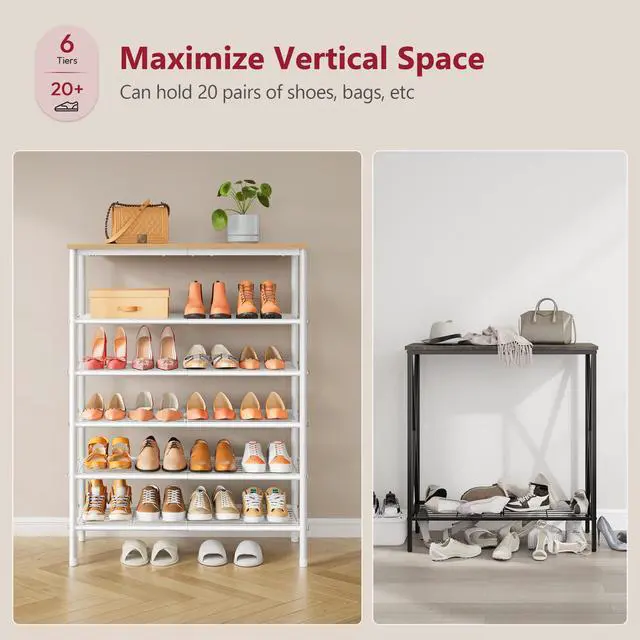 Alt view image 3 of 7 - Tajsoon 6 Tier Shoe Rack Organizer for 20-24 Pairs of Shoes, Metal Mesh Shoe Shelf for Closet, Industrial Shoe Rack for Entryway Shoe Storage with X Shape Fixed Frame, White & Log