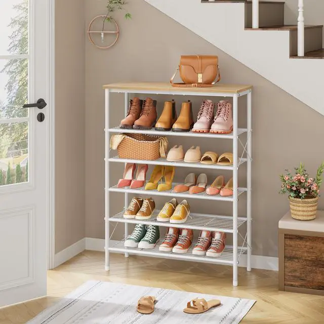 Alt view image 5 of 7 - Tajsoon 6 Tier Shoe Rack Organizer for 20-24 Pairs of Shoes, Metal Mesh Shoe Shelf for Closet, Industrial Shoe Rack for Entryway Shoe Storage with X Shape Fixed Frame, White & Log