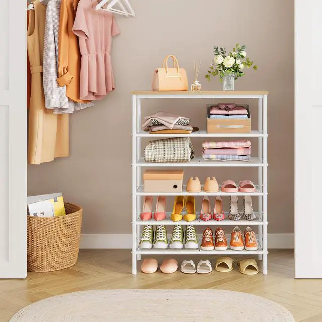 Alt view image 7 of 7 - Tajsoon 6 Tier Shoe Rack Organizer for 20-24 Pairs of Shoes, Metal Mesh Shoe Shelf for Closet, Industrial Shoe Rack for Entryway Shoe Storage with X Shape Fixed Frame, White & Log