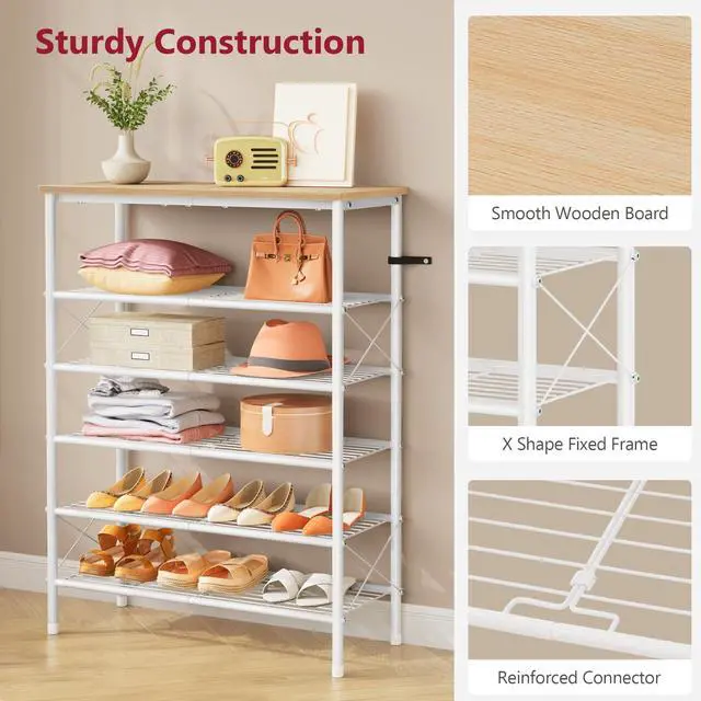 Alt view image 4 of 7 - Tajsoon 6 Tier Shoe Rack Organizer for 20-24 Pairs of Shoes, Metal Mesh Shoe Shelf for Closet, Industrial Shoe Rack for Entryway Shoe Storage with X Shape Fixed Frame, White & Log