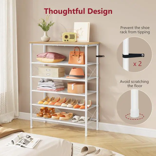 Alt view image 6 of 7 - Tajsoon 6 Tier Shoe Rack Organizer for 20-24 Pairs of Shoes, Metal Mesh Shoe Shelf for Closet, Industrial Shoe Rack for Entryway Shoe Storage with X Shape Fixed Frame, White & Log